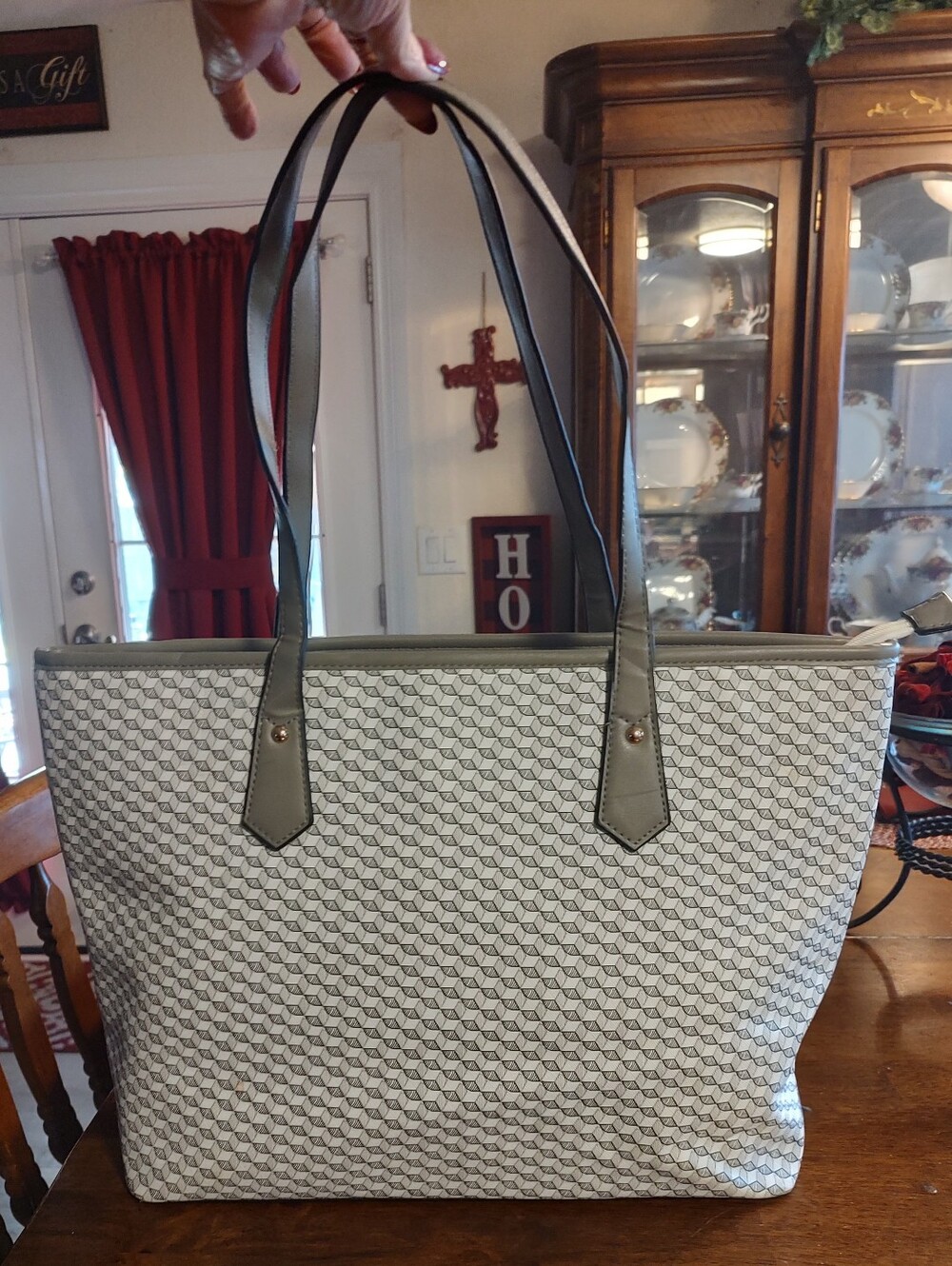 Stylish White & Gray Geometric Tote Bag